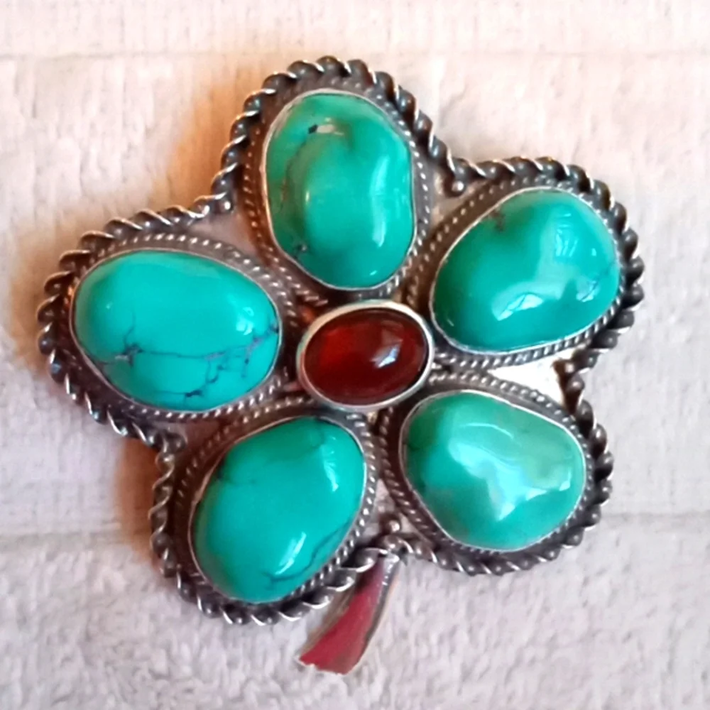 STERLING SILVER, TURQUOISE AND AMBER PIN/PENDENT - Picture 1 of 10